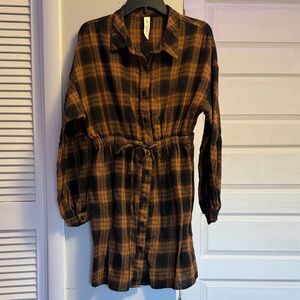 Plaid Button-Up Dress with Waist Tie